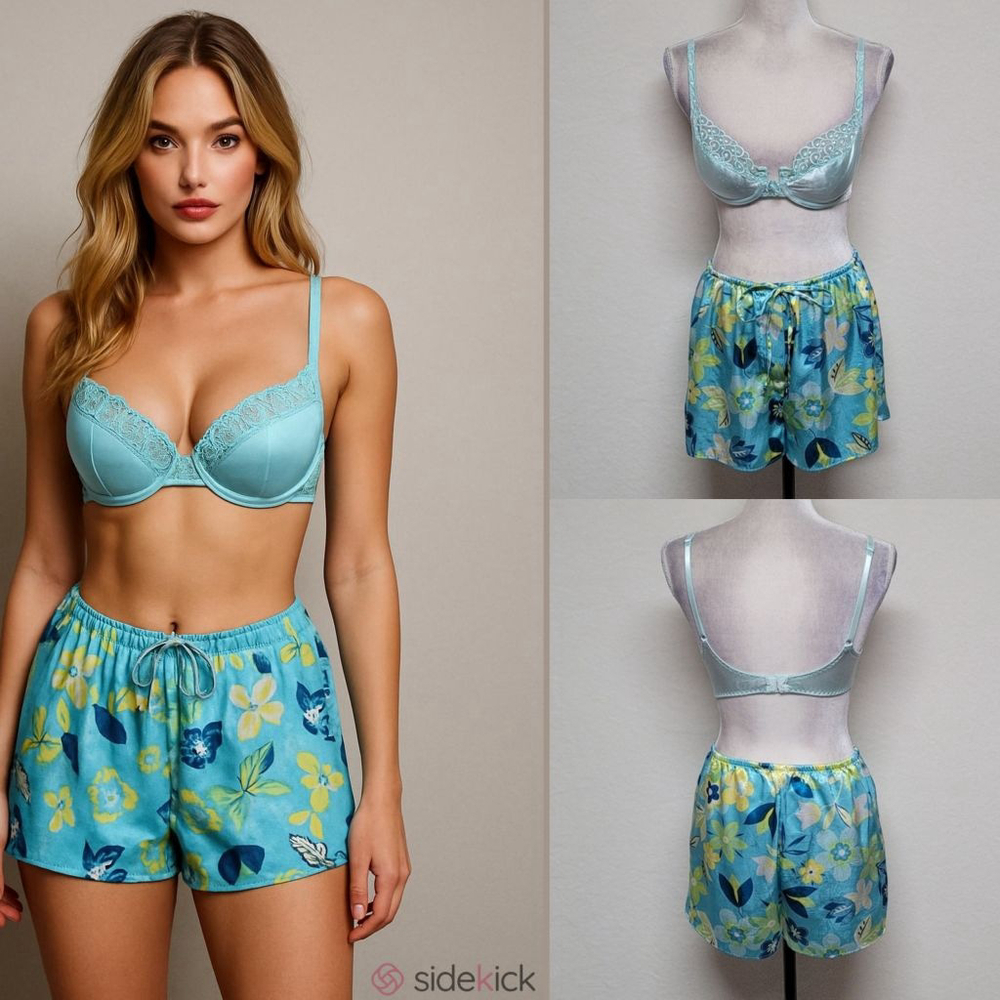 90s-Y2K Vintage Victoria's Secret Seafoam Green Balconette Bra Satin Shorts Set